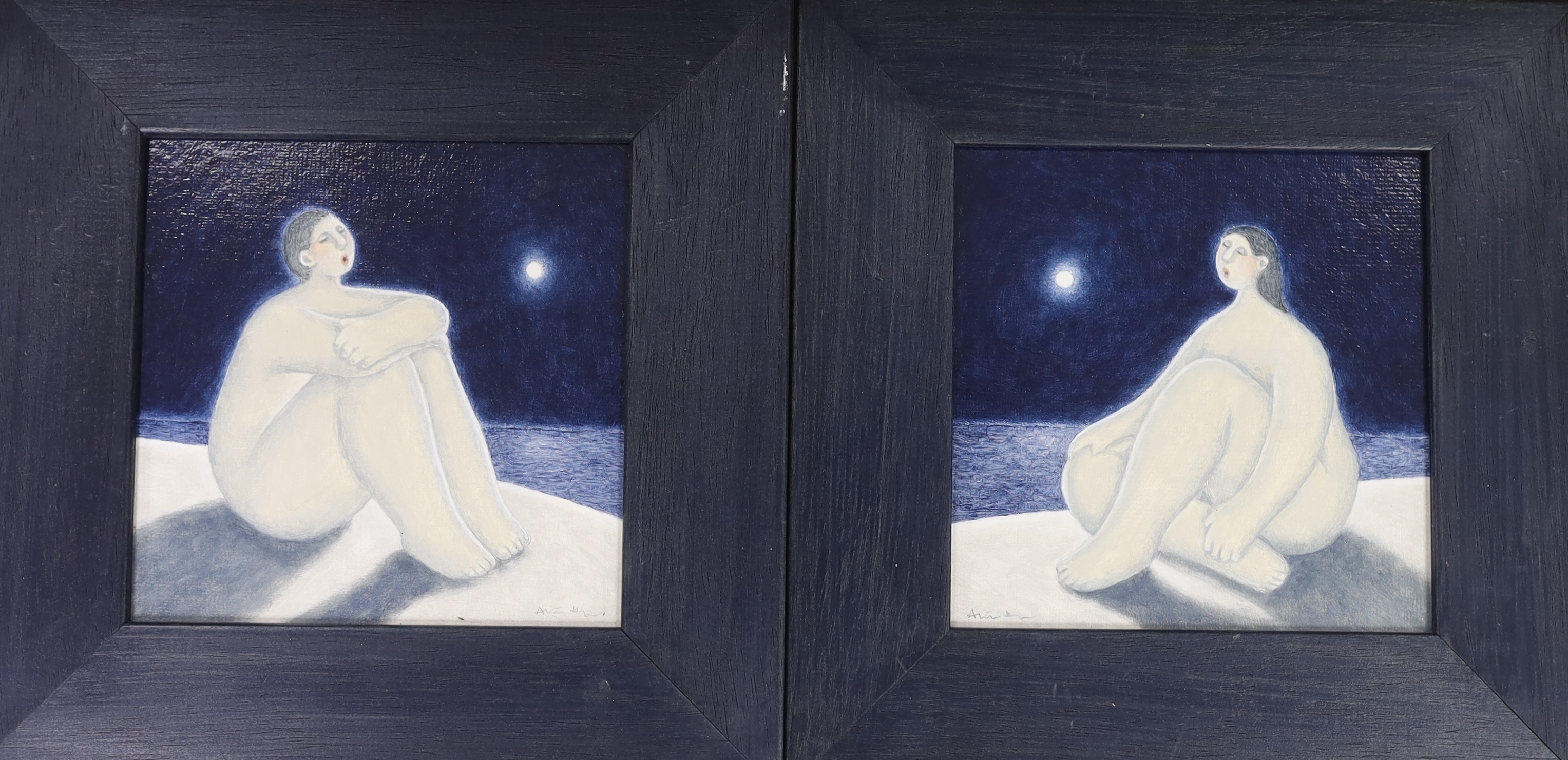 Aliisa Hyslop (b.1957), pair of contemporary acrylics on board, Moonlit landscapes with seated nude figures, signed, 13.5 x 13.5cm. Condition - good